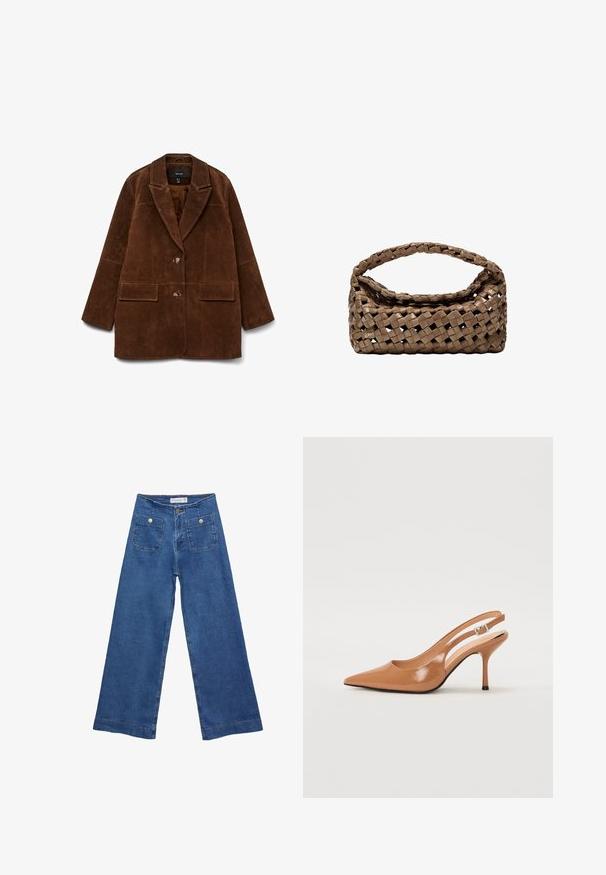 Brauner Wildleder-Blazer mit Reverskragen, zwei Vordertaschen und einem einzelnen Knopfverschluss. Weiche Textur und taillierte Silhouette.; Ein einfarbiges weißes T-Shirt mit kurzen Ärmeln und Rundhalsausschnitt, mit geradem Saum, auf einem weißen Hintergrund präsentiert.; Denim-Hosen im weiten Schnitt mit einer mittleren blauen Waschung, zwei Vordertaschen mit Knopfverschluss und genähten Details entlang der Säume.; Spitz zulaufender Slingback-Absatz aus einem glatten, glänzenden, tanfarbenen Material. Mit einem geschwungenen Ausschnitt-Design und einem schlanken Stiletto-Absatz. Silberne Schnallendetails.; Geflochtener brauner Handtasche in rechteckiger Form, mit strukturiertem Griff und texturierter Oberfläche. Verfügt über einen geschlossenen oberen Teil und ein ausgeklügeltes Geflechtmuster.