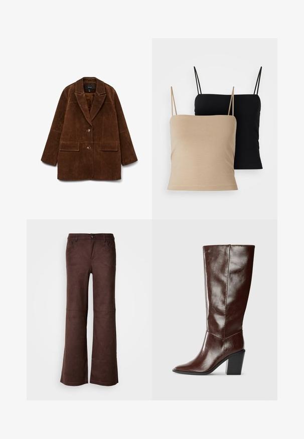 Brun suedeblazer med en notch-krave, to forlommer og en enkelt knaplukning. Blød tekstur og skræddersyet silhuet.; To camisoler: en beige og en sort. Begge har tynde stropper, en tætsiddende pasform og en blød, glat tekstur.; Brune flagrende bukser i et blødt, suede-lignende stof. Har fire lommer, en knaplukning og en glat, tekstureret overflade.; Høj, mørkebrun læderstøvle med spids tå og stablet blokhæl, vist fra siden på en ensfarvet baggrund.