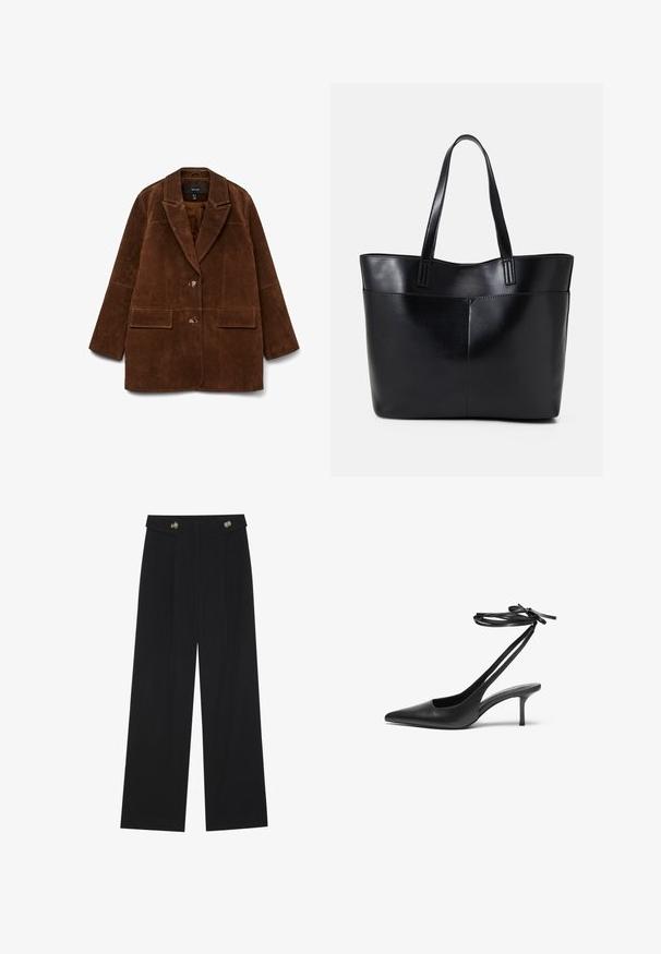 Bruine suède blazer met een gelapte kraag, twee voorkruiden en een enkele knoopsluiting. Zachte textuur en getailleerde silhoutte.; Zwarte T-shirt met geribbelde structuur, ronde halslijn met witte golvende rand, en korte mouwen met bijpassende golvende accenten.; Zwarte wijde broek met hoge taille, knoopdetails op de tailleband en plooien aan de voorkant.; Zwarte leren stiletto-schoen met een spitse neus, open achterkant en enkelschoentjes die in een strik zijn geknoopt. Slanke 3-inch hak. Glad textuur, minimalistisch ontwerp.; Zwarte leren tote bag met twee lange handvatten, een zachte textuur en een gestructureerde vorm. Voorzien van een voorvak voor extra opslagruimte.
