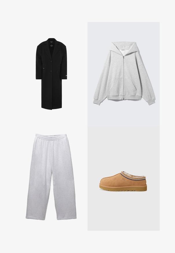 Cappotto oversize nero con rever a punta, chiusura con un solo bottone, tasche frontali e una texture liscia. Presenta un'etichetta del marchio sulla manica.; Felpa grigia con zip, ampia cappuccio, vestibilità oversize, tasca a marsupio, polsini e orlo a coste. Realizzata in morbido tessuto di cotone testurizzato.; Due magliette girocollo, una nera e una bianca. Realizzate in morbido cotone, con maniche corte e un design semplice e classico.; Pantaloni da jogging larghi grigi chiari con vita elasticizzata e cuciture a vista su sfondo bianco.; Scarpa slip-on in suede beige con una fodera in lana testurizzata e cuciture decorative in stile etnico attorno al colletto. Presenta una suola in gomma.