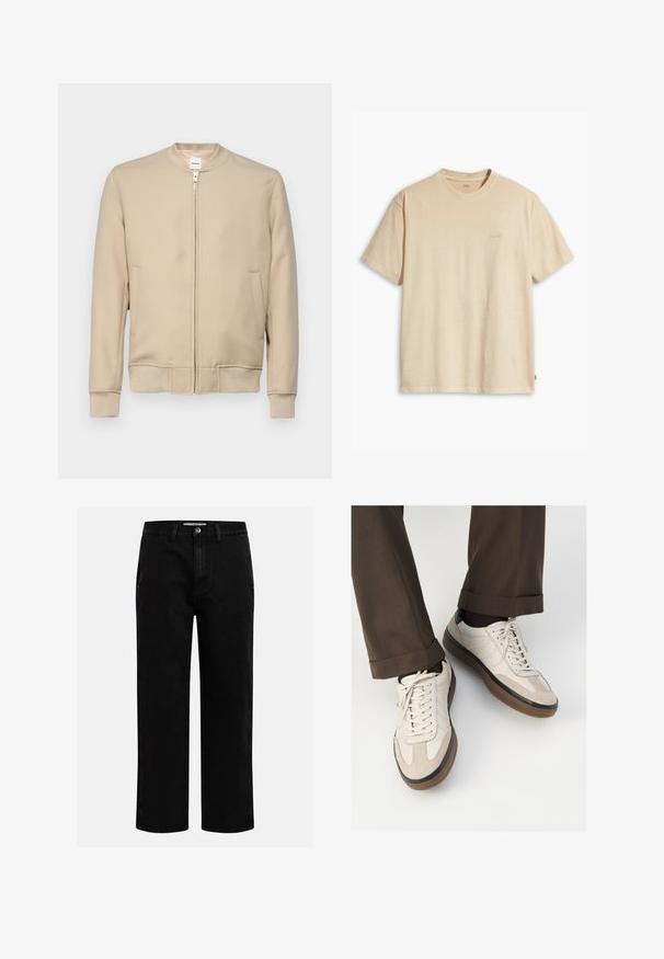 Beige bomber bunda s zaobleným límcem, předním zipem, bočními kapsami, žebrovanými manžetami a lemem, vyrobená z hladkého texturovaného materiálu.; Béžové bavlněné tričko s kulatým výstřihem a krátkým rukávem. Na hrudi má decentní logo "Levi's" ve stejné barvě. Měkká textura.; Černé džíny s rovnými nohavicemi, klasickým pětipocketovým designem a knoflíkovým zapínáním v pase. Hladká textura a odolná látka.; Béžové tenisky s texturovanou semišovou špičkou, hladkými koženými boky a hnědou gumovou podrážkou. Na šněrování a lehkém prošití je detail.