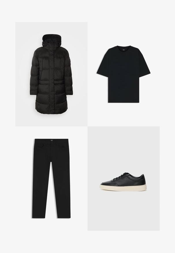 Svart puffjacka med huva, med kviltad textur och långa ärmar. Designen inkluderar en fram zip och två sidofickor.; Svart bomullströja med rund hals och korta ärmar. Har en lös passform och en enkel design utan mönster eller accenter.; Svarta denimbyxor med rak passform, med en standard midja, fem fickor och knäppning med knapp. Slät yta genomgående.; Svart låg skor i läder med svarta snören och off-white sula, visas i sidoprofil på vit bakgrund.