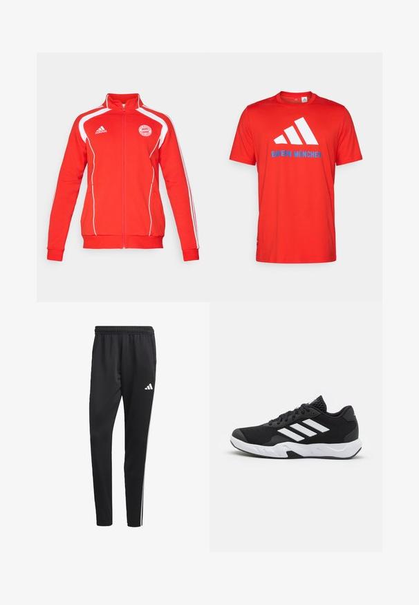 Red zip-up jacket with white accents, featuring long sleeves, a high collar, and the FC Bayern München logo on the chest. Soft textile material.; Red cotton t-shirt featuring a white three-stripe logo and "BAYERN MÜNCHEN" in blue. Crew neck and short sleeves, simple design.; Black athletic pants with a stretchy waistband, white side stripes, and a small white logo on the thigh. Made from a smooth, lightweight material.; Black athletic shoes with a textured mesh upper, white accent stripes, a cushioned sole, and a reinforced heel for support.