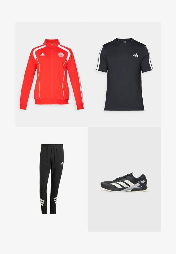 Röd zip-up jacka med vita accenter, med långa ärmar, hög krage och FC Bayern München-logotypen på bröstet. Mjukt textilmaterial.; Svart T-shirt i bomull med korta ärmar, prydd med vita ränder på axlarna och en vit logotyp på vänster bröst.; Svarta idrottsbyxor med elastisk midja, prydda med reflekterande vita detaljer i ett randigt mönster på underbenen. Tillverkade av ett slätt tyg.; Svart atletisk sko med vita ränder, mesh-övre, rund tå och dämpad sula. Har en strukturerad häl och ett säkert snörningssystem.