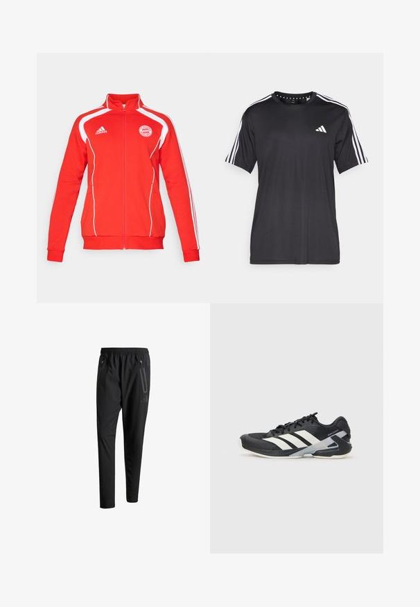 Chaqueta roja con cremallera y acentos en blanco, con mangas largas, un cuello alto y el logo del FC Bayern München en el pecho. Material textil suave.; Camiseta negra de manga corta con diseño de tres franjas blancas en los hombros y logo en el pecho. Fabricada con un tejido transpirable y de textura suave.; Pantalones deportivos negros con una cintura elástica, dos bolsillos laterales con cremallera, piernas ajustadas y un discreto detalle de logo en la cadera.; Zapatilla deportiva negra con franjas blancas, parte superior de malla, punta redondeada y suela acolchada. Presenta un talón texturizado y un sistema de cordones seguro.