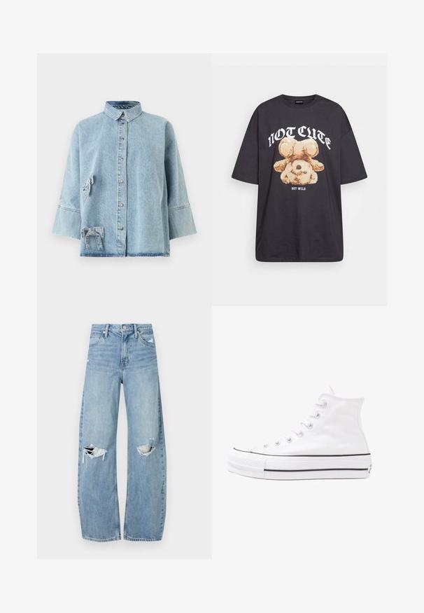 Ljust blå denimskjorta med krage, tryckknappsstängning, trekvartslånga ärmar och en rosettdekoration på vänster sida.; Svart oversized t-shirt med en grafik av en björn och texten "INTE SÖT MEN VILD" i fet, vit lettering. Tillverkad av bomull.; Ljusblå, högmidjade jeans i denim. Har vida ben, två slitna knäområden och klassisk femfickedesign.; Vit hög topp canvas sneaker med svart gummisulan, framsidan gummitåhätta och sex öglor för snören, med en ren, minimalistisk design.