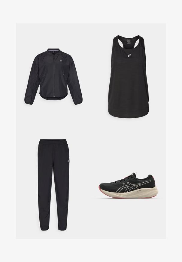 Schwarze, leichte Jacke mit Reißverschluss vorne, rundem Hals, langen Ärmeln und subtiler Textur. Verfügt über Seitentaschen und ein Logo auf der Brust.; Schwarzes sportliches Tanktop aus leichtem Material. Mit rundem Halsausschnitt, Racerback-Design und kleinem weißen Logo auf der Vorderseite.; Schwarze Sporthosen mit einem elastischen Bund, schmal zulaufenden Beinen mit Bündchen, aus leichtem, glattem Material und einem kleinen Logo am Oberschenkel.; Schwarzer Sportschuh mit einem Obermaterial aus Mesh und weißen Akzenten. Verfügt über eine gepolsterte Mittelsohle und ein rotes Außensohlen-Detail. Leichtes Design.