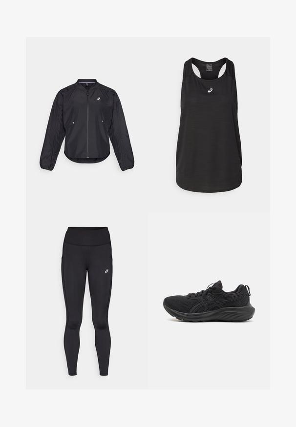 Black lightweight jacket with a zip front, round neck, long sleeves, and subtle texture. Features side pockets and a logo on the chest.; Black athletic tank top made of lightweight fabric. Features a round neckline, racerback design, and a small white logo on the front.; Black leggings with a high waistband, made from smooth, stretchy material. Features a subtle logo on the thigh and side pockets.; Black athletic shoes with a breathable mesh upper, structured sole, round toe, and a textured surface. Features black laces and logo details.