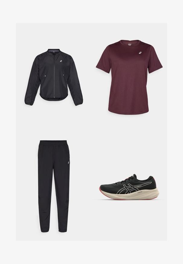 Black lightweight jacket with a zip front, round neck, long sleeves, and subtle texture. Features side pockets and a logo on the chest.; Maroon athletic t-shirt made from breathable fabric, featuring short sleeves and a round neckline, with a small logo detail on the chest.; Black sports pants featuring an elastic waistband, tapered legs with cuffs, made of a lightweight, smooth material, and a small logo on the thigh.; Black running shoe with a mesh upper and white accents. Features a cushioned midsole and red outsole detail. Lightweight design.