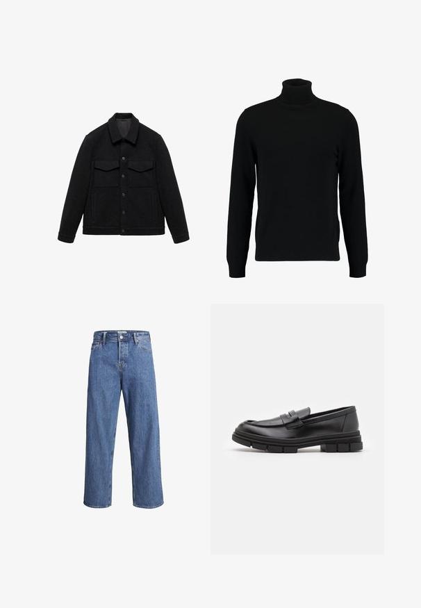 Giacca nera in misto lana con colletto, due tasche sul petto e chiusura con bottoni. Presenta una finitura testurizzata e un colore uniforme.; Maglione a collo alto nero realizzato in morbido materiale knit. Presenta maniche lunghe, colletto e orlo a costine. Design semplice e lineare senza motivi.; Jeans in denim blu chiaro con una vestibilità dritta, vita alta e dettagli di cucitura minimi. Il tessuto ha una texture morbida e leggermente sbiadita.; Mocassini in pelle nera con finitura liscia, dotati di un dettaglio di cinturino anteriore e di una suola in gomma spessa con accenti scanalati.