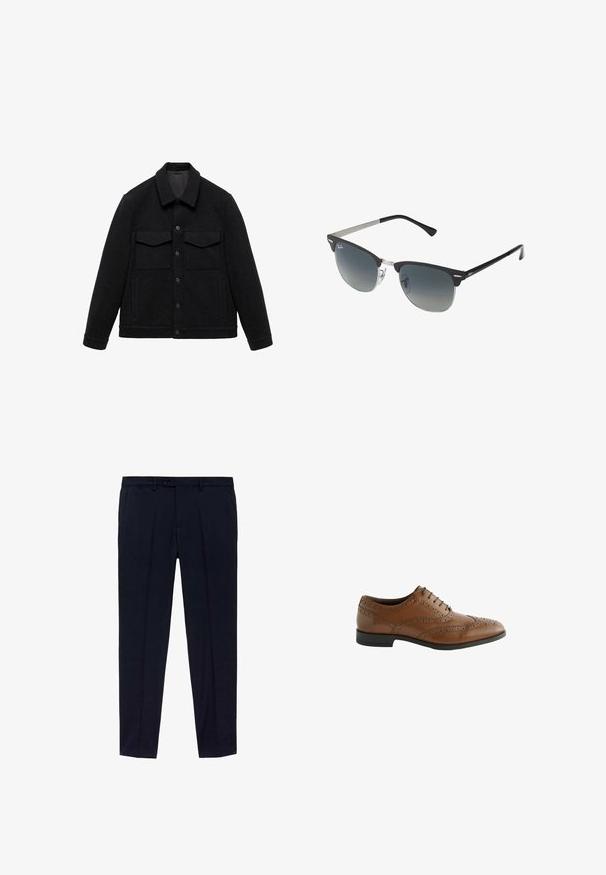 Schwarze Jacke aus Wollmischung mit umschlagbarem Kragen, zwei Brusttaschen und Knopfverschluss. Besitzt eine strukturierte Oberfläche und einfarbigen Stoff.; Drei-T-Shirt-Pack: eines in Schwarz und zwei in Weiß. Jedes T-Shirt hat einen Rundhalsausschnitt, kurze Ärmel und besteht aus glattem Baumwollstoff.; Königsblaue Hose mit flachem Vorderdesign, aus glattem Stoff gefertigt. Zu den Details gehören zwei seitliche Taschen und ein Reißverschluss mit Knopfverschluss.; Braune Leder-Schnürschuhe mit kunstvollen Broguing-Details, runder Zehenform und flachem Absatz. Verfügt über fünf Schnürösen und eine glatte Oberfläche.; Schwarze und silberne Sonnenbrille mit Katzenaugenform, verlaufenden Gläsern und metallischen Akzenten im Rahmen. Plastische Bügel mit grauen Spitzen.