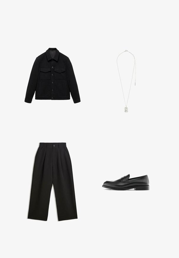 Svart jacka av ullblandning med krage, två bröstfickor och knappstängning. Har en texturerad yta och en enfärgad design.; Svart långärmad henley-tröja gjord av mjukt tyg, med knappslå, rund halsringning och åtsittande ärmar.; Svarta byxor med avslappnad passform, utrustade med veck fram, sidofickor och knappstängning. Tillverkade av strukturerad tyg.; Svarta läderpennyloafers med låg klack, rund tå och sydd detalj längs ovandelen, visad i sidoprofil mot en vit bakgrund.; Silvrig halsband med en rektangulär hängsmycke med intrikat mönster, en fin kedja och en justerbar låsning för längdjustering.