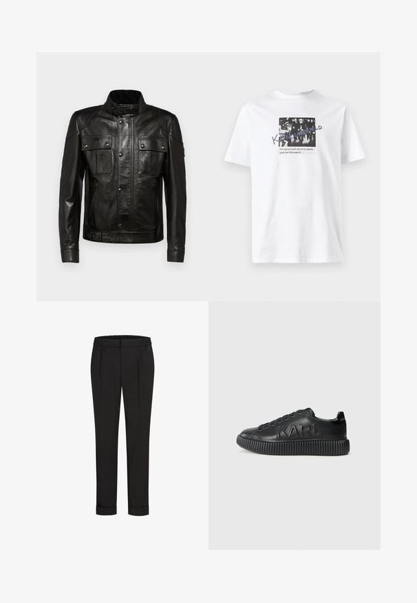 Črna usnjena jakna s ovratnikom, dvema sprednjima žepoma in podrobnim šivanjem. Ima stranski zadrge in nastavljiv pas.; Bela bombažna majica s kratkimi rokavi, ki prikazuje črno-belo grafično zasnovo z besedilom. Ima kratke rokave in okroglo ovratnik.; Črne hlače z elastičnim pasom, s pravimi nogavicami in zavihanimi manšetami. Narejene so iz gladkega, tkanega materiala brez vzorcev.; Črne superge iz gladkega usnja, z debelim rebrastim podplatom in vtisnjenim imenom blagovne znamke. Klasična zasnova z vezalkami in okroglimi luknjami.