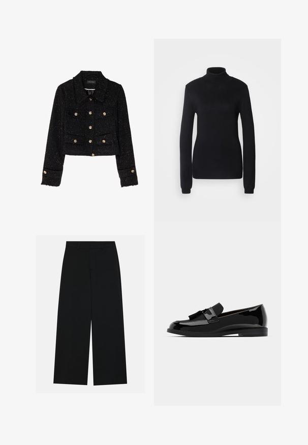 Anna Field Tunn jacka - black; Svart polotröja gjord av ett mjukt stuckt tyg, med lång ärm och en figurnära silhuett samt ribbad krage och fåll.; Breda svarta byxor i ett mjukt tyg. Har en platt midja med bälteshällor och inga synliga fickor. Enkelt design.; Svarta lackläderloafers med platt häl, med en fransdetalj och slät yta, designade med rund tå och subtil sömnad.