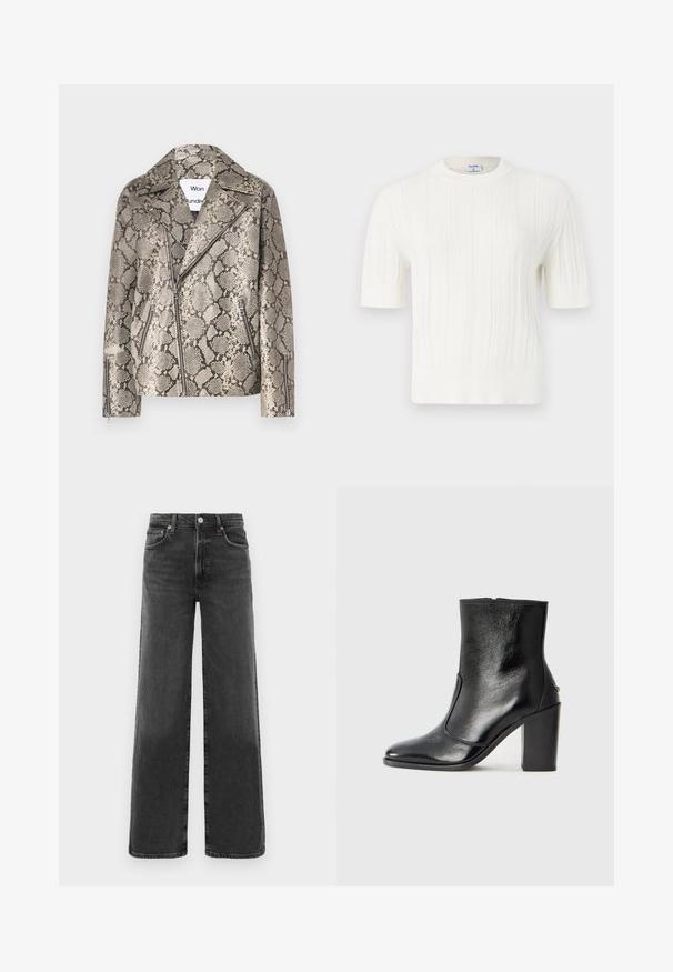 Won Hundred PEYTON REPTILE - Lederjacke - grey; Weißer, gestrickter kurzärmeliger Pullover mit vertikalen Rippen und rundem Kragen. Hergestellt aus weichem Stoff mit strukturierter Oberfläche.; Schwarze, hochtaillierte, gerade geschnittene Jeans aus Denim mit vorderem Knopf und Reißverschluss, zwei vorderen Taschen und zwei hinteren Taschen.; Schwarze Leder-Stiefelette mit glatter Textur, spitzem Fuß und klobigem hohen Absatz. Verfügt über eine seitliche Öffnung und ein minimalistisches Design.