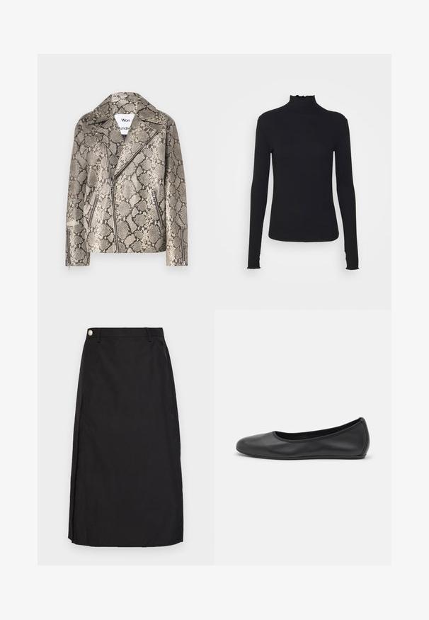 Won Hundred PEYTON REPTILE - Veste en cuir - grey; Haut à manches longues noir en col roulé, fabriqué en tissu lisse, présentant un col volanté et une silhouette ajustée avec des bords simples.; Jupe noire à mi-mollet en tissu lisse, avec une fente devant et un accent en bouton métallique à la taille.; Ballerines en cuir noir avec un bout rond, texture lisse, détails de couture minimalistes et design de semelle flexible.