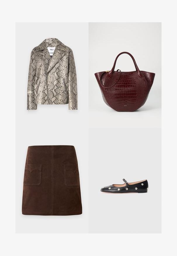 Won Hundred PEYTON REPTILE - Jachetă piele - grey; Top negru cu mânecă lungă și guler înalt, realizat dintr-un material neted, având un guler cu volane și o siluetă ajustată cu margini simple.; Fustă din suede maro cu o formă clasică în A, două buzunare frontale cu clape rotunjite și detalii subtile de cusătură.; Pantofii Mary Jane din piele neagră, cu vârful rotund, decorati cu nasturi circulari argintii și o curea ajustabilă cu cataramă.; Geantă tote din piele cu embosare în formă de crocodil de culoare mărun, cu două mânere, o formă rotundă și un accent subtil din hardware de ton auriu.