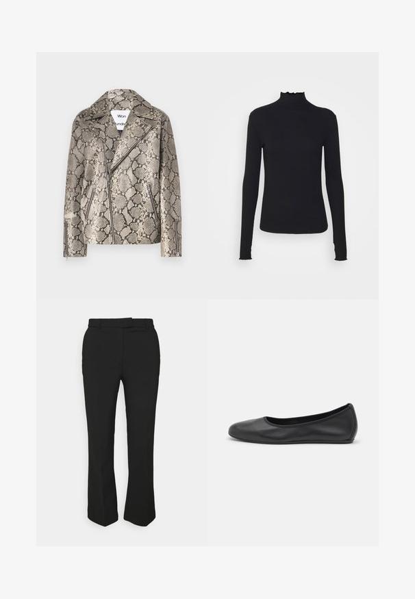 Won Hundred PEYTON REPTILE - Lederjacke - grey; Schwarz, langärmliges Turtleneck-Oberteil aus glattem Material, mit einem gerafften Kragen und einer enganliegenden Silhouette mit einfachen Kanten.; Schwarze, maßgeschneiderte Hose mit geradem Bein, ausgestattet mit Gürtelschlaufen und Seitentaschen. Hergestellt aus glattem Stoff mit sauberem Finish.; Schwarze Leder-Ballettschuhe mit abgerundeter Spitze, glatter Textur, minimalen Nähdetails und einem flexiblen Sohlen-Design.