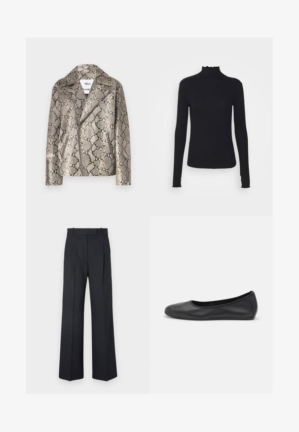 Won Hundred - Kurtka skórzana; Czarny, długi rękaw, golf z gładkiego materiału, z falbaniastym kołnierzem i dopasowanym krojem z prostymi brzegami.; Ciemnoniebieskie spodnie w paski z wysokim stanem, szerokimi nogawkami i bez widocznych elementów metalowych lub ozdób. Gładka tekstura i dopasowany krój.; Czarne skórzane baletki z zaokrąglonym noskiem, gładką fakturą, minimalnymi przeszyciami i elastycznym designem podeszwy.