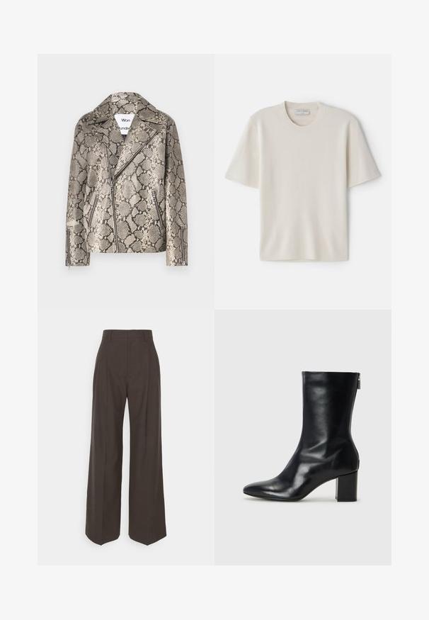 Won Hundred PEYTON REPTILE - Nahkjakk - grey; Kreem värvi lühikeste varrukatega T-särk ümmarguse kaelusega, valmistatud pehmest materjalist, omades sirget lõiget ja minimaalseid detailide rõhutusi.; Tumepruunid lai jalad püksid kõrge vöökohaga, millel on korralikult pressitud kortsud, sile tekstuur ja täpselt sobiv lõige.; Must musta ankle boot teravaid varvastega ja 4 cm plokknõela. Suurepärase disainiga, millel on külgrihm lihtsaks läbi panemiseks. Sile tekstuur.