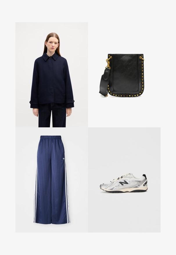 Granatowa wełniana kurtka z zapięciem na guziki, bocznymi kieszeniami i regulowanymi mankietami. Charakteryzuje się prostym designem i teksturowanym materiałem.; Biała koszula z długimi rękawami, z falbaniastym kołnierzykiem wywijanym oraz pionowym akcentem w postaci falbanek z przodu. Wykonana z lekkiej bawełny.; Granatowe szerokie spodnie z pionowymi białymi paskami, elastycznym pasem i trzema białymi paskami po bokach, wykonane z lekkiego materiału.; Szare i białe buty sportowe z zaokrąglonym noskiem, wykonane z siateczki i materiałów syntetycznych, z czarnymi akcentami i teksturowaną gumową podeszwą.; Czarna skórzana torebka z złotymi ćwiekami wzdłuż brzegów, płaskim kształtem oraz regulowanym paskiem z zapięciem z złotego metalu.