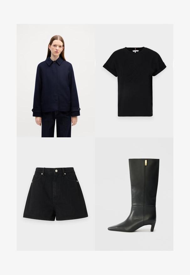 Mornarsko volneno plašč s kragnjo na gumb, stranskimi žepi in nastavljivimi manšetami. Ima čisto zasnovo in teksturirano tkanino.; Črna bombažna majica s kratkimi rokavi, ki je zavita, z reljefnim logotipom na sredini in majhnim naglasnim zastavnim motivom na strani.; Črne denimske kratke hlače z visokim pasom, petimi žepi, srebrno strojno opremo in standardnim krojem, ki se ponašajo z gladko teksturo in čistimi robovi.; Črne usnjene škornje do kolen s koničastim nosom in majhnim petam. Imajo elegantno zasnovo z zlatim poudarkom. Gladka tekstura.