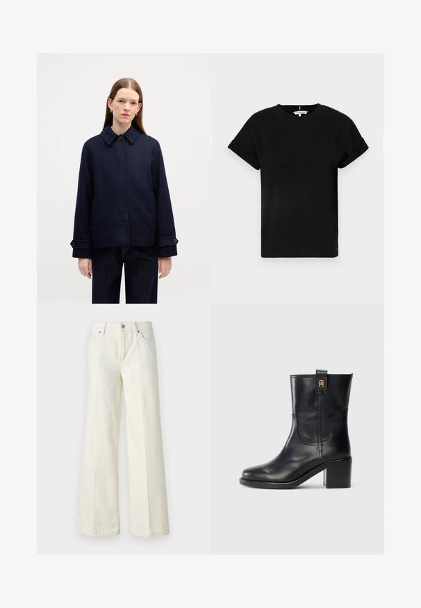 Marine uldjakke med knapkrave, sidelommer og justerbare manchetter. Har et enkelt design og struktureret stof.; Sort bomulds T-shirt med rullede korte ærmer, der har et præget logo i midten og en lille flagdetalje på siden.; Videbenede hvide jeans lavet af en blanding af bomuldsstof. Har en lynlås i fronten, fem lommer og syninger langs sømmene.; Sorte læderstøvler til midt på læggen med blokhæl og guld "TH" logo på løftestation mod hvid baggrund.