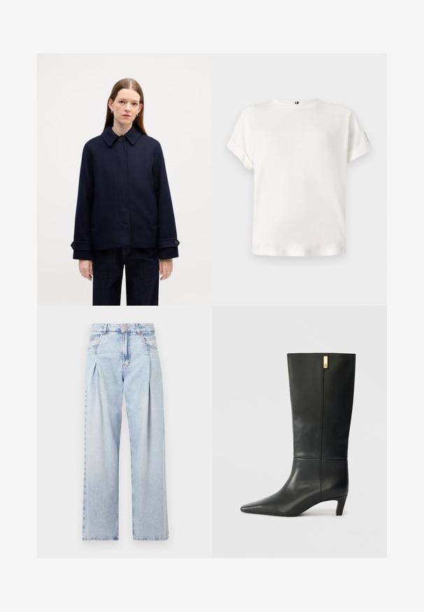 Navy wool jacket with a buttoned collar, side pockets, and adjustable cuffs. Features a clean design and textured fabric.; White short-sleeve t-shirt with a round neckline and rolled cuffs, made of soft fabric, featuring a subtle logo accent near the hem.; Light blue denim jeans with a high waist, wide-leg cut, two side pockets, and pleated design feature. Soft texture with a faded finish.; Black leather knee-high boot with a pointed toe and a small heel. Features a sleek design with a gold accent detail. Smooth texture.