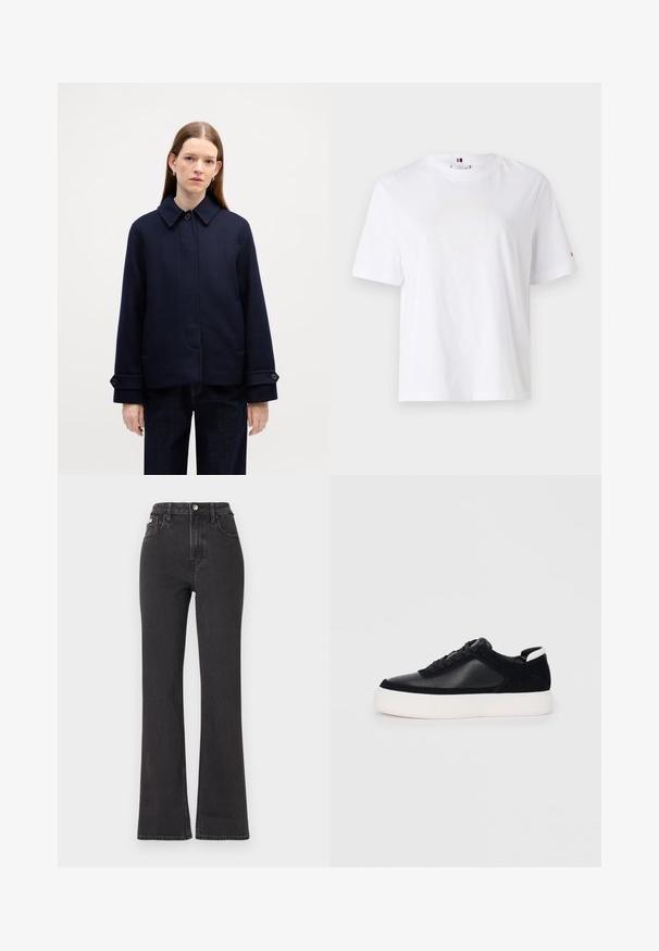 Zila vilnas jaka ar pogu aizdari, sānu kabatām un regulējamiem piedurkņu galiem. Iekļauj tīru dizainu un struktūru audumu.; Balts kokvilnas T-krekls ar apaļu kaklu, īsām piedurknēm un smalku dzeltenu logo dizainu, kas lasa "HILFIGER NEW YORK 1985". Standarta izgriezums.; Melnas augstā jostasvietā plati izgrieztas džinsus no denima, ar pogu aizdari, jostas cilpām un sānu kabatām. Gluda tekstūra ar minimālu izbalēšanu.; Melnas sporta kurpes ar gludu ādu un zamša paneļiem, plakaniem šņorēm, noapaļotu pirkstu daļu un baltu gumijas zolīti. Izteikts logo uz papēža.