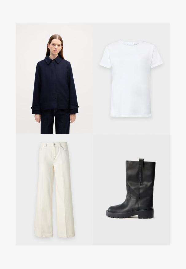 Marineblaue Wolljacke mit hochabschließendem Kragen, seitlichen Taschen und verstellbaren Manschetten. Hat ein schlichtes Design und eine strukturierte Oberfläche.; Weißes T-Shirt mit kurzen Ärmeln aus Baumwolle und Rundhalsausschnitt. Glatte Textur und gerader Schnitt, keine Muster oder Akzente.; Weite weiße Jeans aus einem Baumwollmischgewebe. Verfügt über einen Reißverschluss, ein Fünf-Taschen-Design und Nähte entlang der Säume.; Schwarze Lederstiefel bis zum Knie mit schlankem Design, ausgestattet mit einer dicken Sohle und einem seitlichen Zugschlauf für ein einfaches Anziehen. Auffällige Nähte.