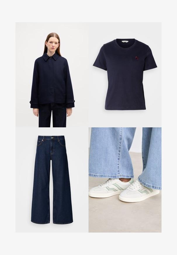 Marine uldjakke med knapkrave, sidelommer og justerbare manchetter. Har et enkelt design og struktureret stof.; Mørkeblå bomulds t-shirt med v-halsdesign, korte ærmer og et lille bordeaux broderet logo på brystet. Blød tekstur.; Bredde ben mørkeblå denimbukser med høj talje, frontlommer og knaplukning. Har kontrastsyninger og en glat tekstur.; Hvide sneakers med lysegrønne accenter, tekstureret læder og flade gummisåler. Parret med bredbenede denimbukser.