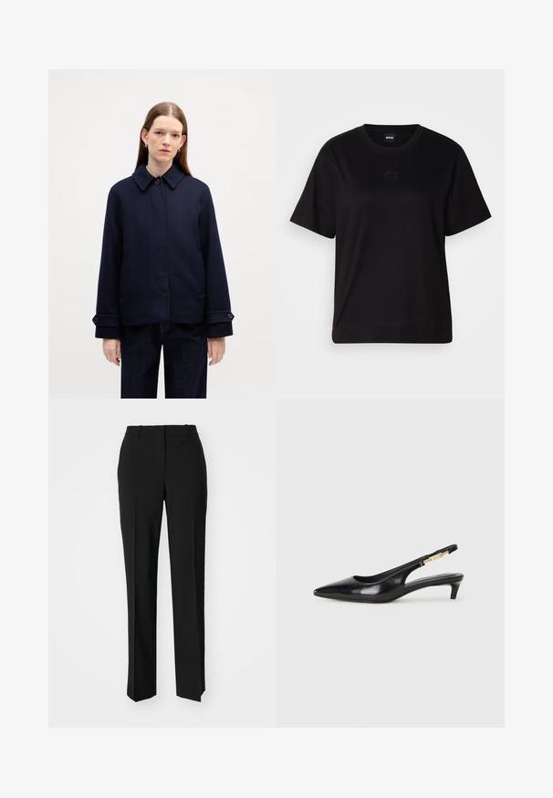 Zila vilnas jaka ar pogu aizdari, sānu kabatām un regulējamiem piedurkņu galiem. Iekļauj tīru dizainu un struktūru audumu.; Melna kokvilnas T-krekls ar apaļu izgriezumu, īsām piedurknēm un izšūtu logotipu uz krūtīm. Vienkāršs, brīvs piegriezums bez rakstiem.; Melnas pielāgotas bikses ar taisnu kāju dizainu, kas raksturojas ar gludu faktūru un asiem krokām pa priekšu. Nav redzamu metāla detaļu.; Melnas ādas slingback zābaki ar smailu purngalu, ar šauru papēdi un zelta krāsas akcentu uz regulējama siksniņas. Gluda tekstūra.