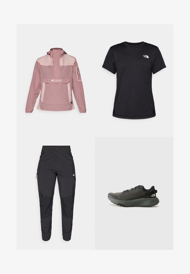 Veste légère à capuche et à enfiler de couleur rose pâle avec des accents rose foncé, dotée d'une poche frontale et du logo Columbia.; The North Face FLEX SHORT SLEEVES TEE - T-shirt de sport - black; Pantalons noirs d'extérieur en tissu durable. Dotés de poches zippées, de panneaux de genoux renforcés et d'une coupe droite pour une meilleure mobilité.; Baskets de sport gris foncé avec une tige en tissu texturé, lacets plats, orteil renforcé et semelle épaisse et robuste pour une meilleure traction. 300 embossé sur le talon.