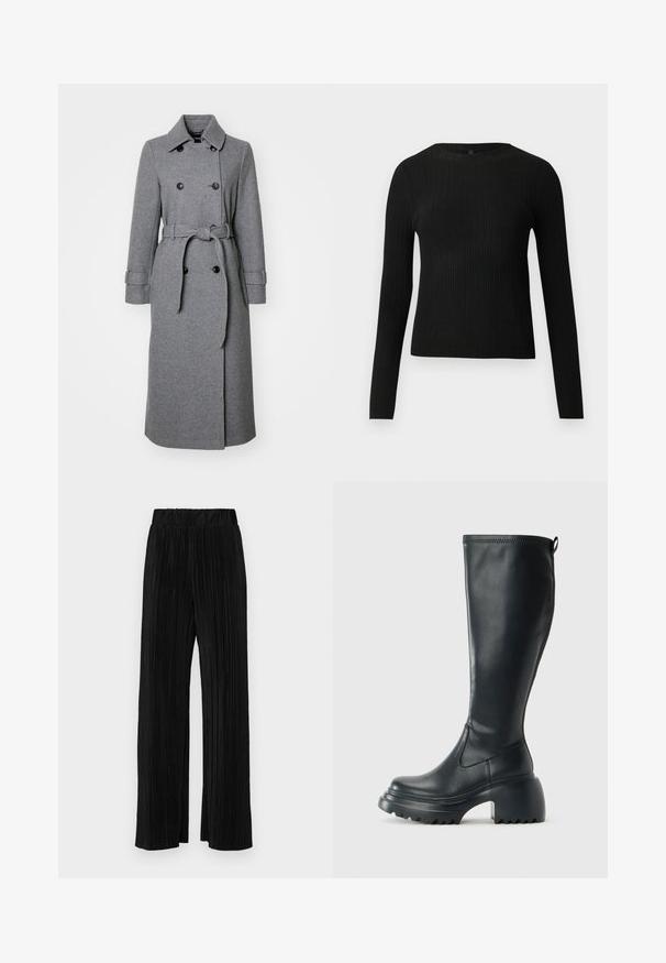 Grau melierter Wollmischmantel mit Fischgrätstruktur, doppelter Knopfverschluss, Kragen, verstellbaren Ärmeln und einem passenden Gürtel.; Schwarzer, gerippter, langärmliger, taillierter Pullover mit Rundhalskragen, vor einem schlichten, hellen Hintergrund präsentiert.; Schwarze plissierte Hose mit elastischem Bund. Verfügt über weite Hosenbeine und einen glatten, strukturierten Stoff mit vertikalen Streifen.; Hoher schwarzer Lederstiefel mit einer robusten Plateausohle und Blockabsatz, der über eine Zuglasche und ein strukturiertes Profil an der Außensohle verfügt.
