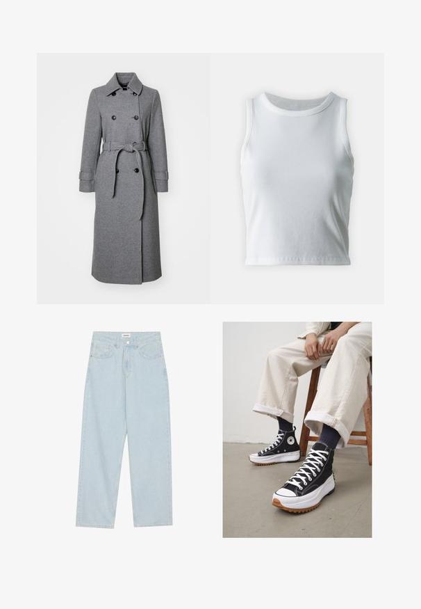 Abrigo de mezcla de lana gris con textura de espiga, diseño de doble botonadura, cuello, mangas ajustables y un cinturón a juego.; Top de tirantes blanco con textura acanalada, cuello redondo y diseño sin mangas, con un dobladillo recto y una textura suave y elástica.; Jeans de mezclilla de pierna ancha en azul claro, con una cintura de altura media, cinco bolsillos y un cierre de botón con un acabado metálico delgado.; Zapatillas altas negras con cordones blancos y puntera de goma. Suela blanca gruesa con una suela exterior marrón texturizada, usadas con calcetas a rayas en tonos azul marino.
