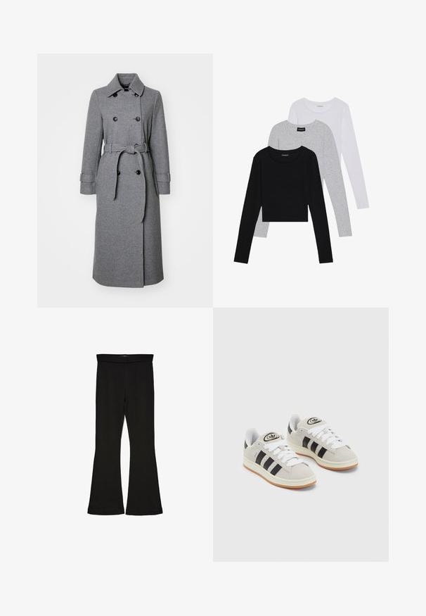Cappotto in misto lana grigio con texture a spina di pesce, design doppiopetto, colletto, maniche regolabili e cintura abbinata.; Tre magliette a maniche lunghe impilate: nera, grigia e bianca. Ognuna ha un colletto rotondo e un design accorciato con tessuto morbido e leggero.; Leggings a zampa nera realizzati in un tessuto elasticizzato. Presentano una vita alta e una superficie liscia, con una silhouette aderente che si ampia all'orlo.; Sneakers in suede grigio con lacci bianchi, strisce nere e suola in gomma bianca. Presentano un logo circolare sulla linguetta e una suola in gomma.