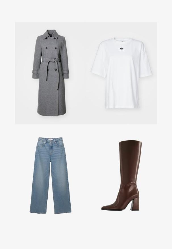 Szary płaszcz z mieszanki wełny o fakturze w jodełkę, zapinany na podwójne guziki, z kołnierzem, regulowanymi rękawami oraz pasującym paskiem.; Biała, krótko rękawowa koszulka z bawełny. Posiada okrągły dekolt oraz małe, czarne logo Adidas na klatce piersiowej. Proste zakończenie.; Jasnoniebieskie jeansy typu wide-leg wykonane z denimu. Posiadają wysoką talię, pięć kieszeni oraz prosty krój z minimalnym wyblaknięciem.; Brązowy skórzany kozaki za kolano z szpiczastym noskiem i masywnym obcasem o średniej wysokości, przedstawione z profilu na białym tle.
