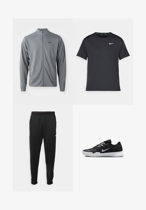 Giacca grigia con zip e colletto alla coreana, realizzata in tessuto morbido e leggero. Presenta il logo Nike nero sul lato sinistro del petto e maniche lunghe.; Maglietta da corsa Nike nera realizzata in materiale leggero e traspirante, con maniche corte e un piccolo logo bianco sul petto.; Pantaloni sportivi neri realizzati in tessuto liscio, con una vita elastica, gambe affusolate e un piccolo logo bianco sul lato sinistro.; Scarpa sportiva nera con tomaia testurizzata, logo Nike swoosh bianco e suola in gomma bianca. Presenta un design con lacci e una forma dinamica.