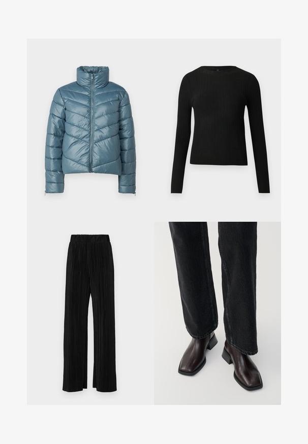 Casaco acolchoado em teal suave com gola alta, fecho de correr completo e padrão quilted em zigue-zague. Apresenta punhos elásticos e um design cortado.; Suéter preto de mangas compridas com textura canelada, justo ao corpo, com um decote redondo, exibido contra um fundo claro e liso.; Calças pregueadas pretas com uma cintura elástica. Apresentam pernas largas e um tecido liso, texturizado com riscas verticais.; Botas de tornozelo em pele castanha com biqueira quadrada e salto bloco, combinadas com jeans pretos de perna larga. Textura suave e design minimalista.