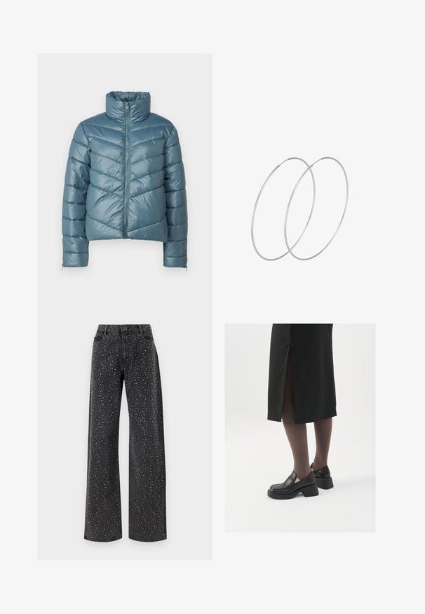 Padded jacket in muted teal with a high collar, full zipper, and chevron quilted pattern. Features elastic cuffs and a cropped design.; VILA VIPEARL O NECK - Jumper - black; Noisy May NMJANNEL LOOSE - Relaxed fit jeans - black denim; Black leather shoes with a rounded toe, thick block heel, and elastic side accents, paired with dark tights and a black skirt with a slit.; Silver hoop earrings with a minimalist design. Circular shape, smooth texture, and thin profile. Lightweight with a polished finish.