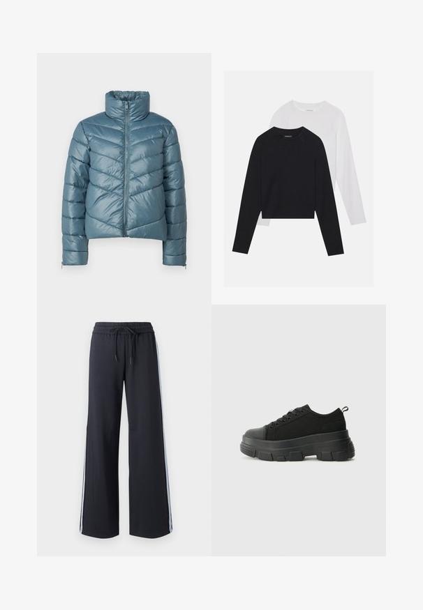 Polstret jakke i dæmpet teal med høj krave, fuld lynlås og chevron-quiltet mønster. Har elastiske manchetter og et cropped design.; To lange langærmede skjorter: en sort og en hvid. Begge har en rund halsudskæring, raglanærmer og et blødt bomuldsblandingsstof.; Sorte bukser med bred benvidde, elastisk talje og snøre. Har blå sidelister og en glat, blød tekstur.; Sorte sneakers med en kraftig gummisål, tekstureret stofoverdel, rund tå og snørredesign. Har forstærkede snørrehuller og en trækkrog bagpå.
