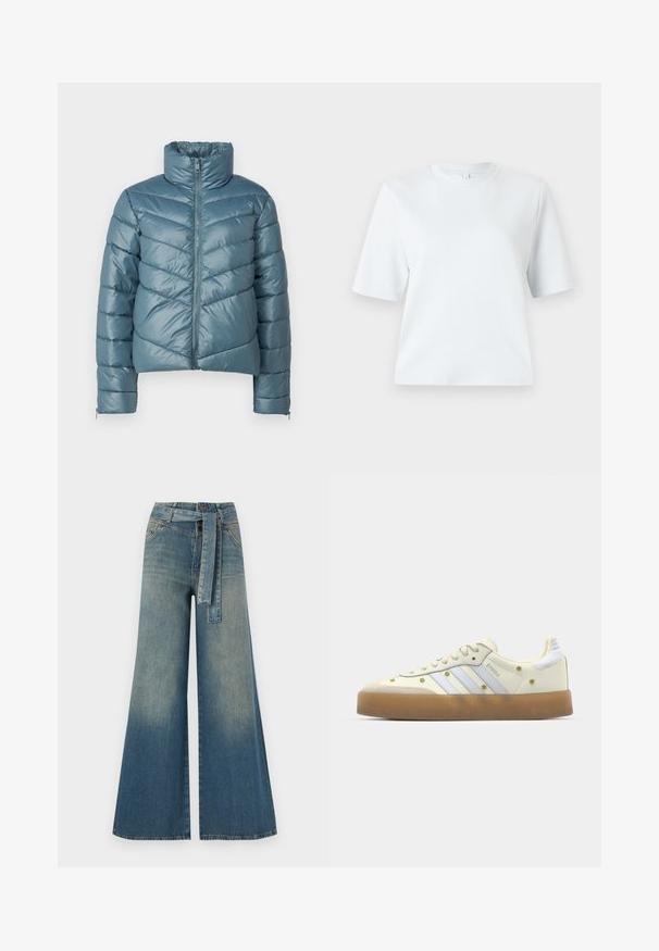Podložena jakna v zatišani teal barvi z visokim ovratnikom, polnim zadrgo in chevron prešitim vzorcem. Ima elastične manšete in skrajšan oblikov.; Svetlo modra kratka majica z napolnjenimi rokavi, izdelana iz mehkega bombaža. Ima klasičen okrogli izrez in sproščen kroj, brez vzorcev ali dodatkov.; Široke jeans hlače z gradientom od svetlo do temno modre, visokim pasom, zankami za pas in pasom iz istega materiala. Tekstura denim končnica.; Kremni športni copati s svetlo modrimi črtami, gumo podplatom in dekorativnimi rumenimi cvetnimi akcenti na zgornjem materialu. Oblika z zaobljenim nosom.