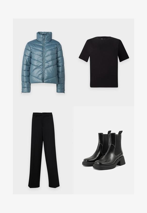 Párnázott dzseki tompa türkiz színben, magas gallérral, teljes cipzárral és cseppmintás tűzéssel. Rugalmas mandzsettákkal és rövidített fazonnal rendelkezik.; Fekete, rövid ujjú póló, kerek nyakkal, puha pamutból készült. Egyszerű dizájn, nincs látható logó vagy minta.; Fekete, széles szárú nadrág sima anyagból, klasszikus derékrésszel, gombzárral és elülső redőkkel.; Fekete bőr Chelsea csizmák masszív sarkakkal, rugalmas oldalsó panelekkel és kontrasztos fehér varrással. Texturált felület.