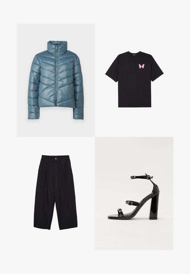 Zateplená bunda v tlmenom smaragdovo modrom odtieni s vysokým golierom, plným zipsom a chevronovým prešívaním. Obsahuje elastické manžety a skrátený strih.; Čierne bavlnené tričko s krátkymi rukávmi, s malým ružovým motýlikom na ľavej hrudi. Design s okrúhlym výstrihom a uvoľneným strihom.; Čierne polyesterové culotte nohavice s elastickým pásom, dvoma prednými záhybmi a voľným strihom. Žiadne viditeľné vzory ani detaily z kovu.; Čierne lakované sandále na podpätku so štvorcovou špičkou, navlečenými remienkami okolo členku a striebornými prackami. Disponujú masívnym blokovým podpätkom pre stabilitu.