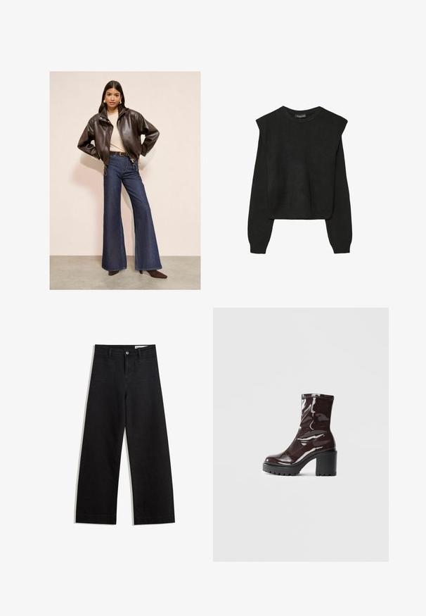 Hnedá kožená bomber bunda, béžový top, vysoké rozšírené riflové nohavice a hnedé špicaté lodičky na neutrálnej pozadí.; Čierny pletený sveter s dlhými rukávmi, vycpanými ramenami a rebrovanými nápletmi a spodným okrajom, zobrazený na bielom pozadí.; Čierne denimové nohavice s širokými nohavicami a vysokým pásom, so prednými a zadnými vreckami, šitými švami a zapínaním na gombík. Hladká textúra.; Lesklé burgundské kotníkové boty s robustním černým podpatkem, s hladkou strukturou a jednoduchým designem. Bez viditelných zapínání nebo vzorů.
