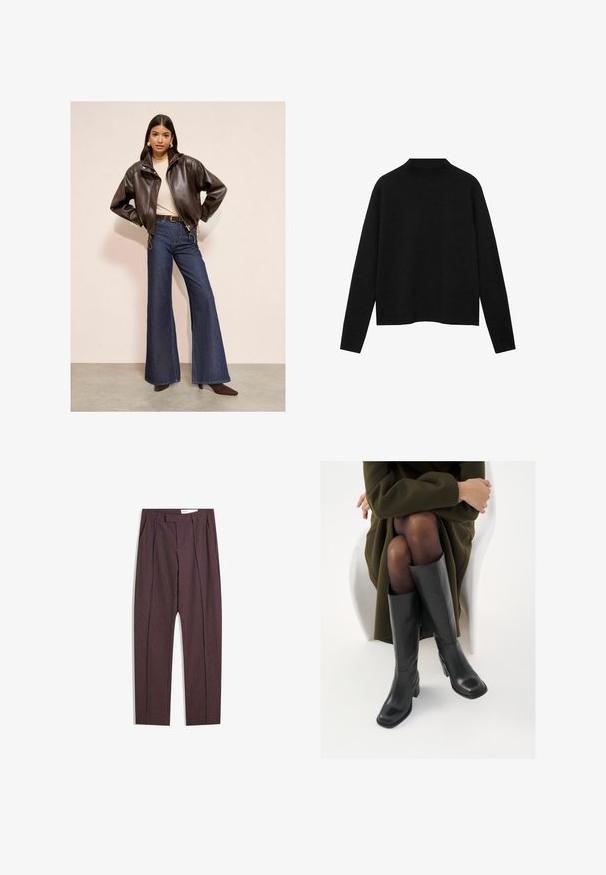 Giacca bomber in pelle marrone, top beige, jeans in denim a vita alta e a forma svasata, e tacchi a punta marroni su uno sfondo neutro.; Maglione a collo alto di colore nero realizzato in tessuto morbido, con maniche lunghe e una vestibilità rilassata, caratterizzato da un design pulito e minimalista.; Pantaloni a righe viola con plissettature, caratterizzati da un vita alta e un design dritto. Realizzati in un tessuto liscio e con texture.; Stivali neri in pelle alti fino al ginocchio con punta squadrata e tacco a blocco, mostrati con un modello seduto in un cappotto verde oliva. Texture liscia, dettagli minimi.