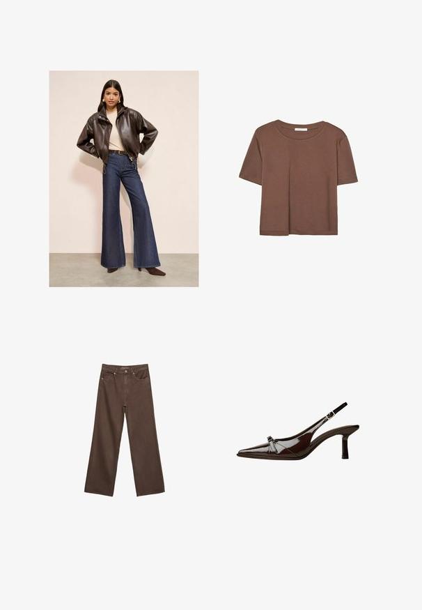 Musta nahkainen pommikoneen takki, beige paita, korkeavyötäröiset leveälahkeiset farkut ja ruskeat kärjelliset korkokengät neutraalia taustaa vasten.; Kahvinsävyinen lyhythihainen t-paita, joka on valmistettu pehmeästä kankaasta. Pyöreä pääntie ja rento malli. Ei näkyviä kuvioita tai koristeita.; Leviittävät ruskeat farkut, jotka on valmistettu denimistä, korkea vyötärö, etutaskut ja klassinen nappikiinnitys. Silkkinen pinta hienovaraisella ompelutyöllä.; Ruske patenttimuoviset slingback-kengät, joissa on terävä kärki, matala korko ja koristeellinen kaarroke etuosassa. Sileä, kiiltävä pinta.