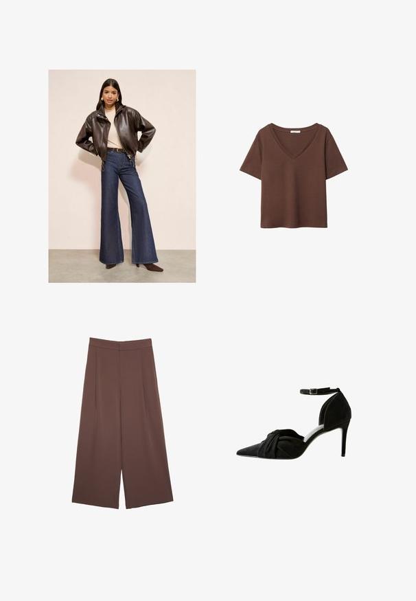 Hnědá kožená bomber bunda, béžový top, džíny s vysokým pasem a rozšířenými nohavicemi, a hnědé špičaté podpatky na neutrálním pozadí.; Hnědý bavlněný tričko s krátkými rukávy a hlubokým V-výstřihem. Jednoduchý design, měkká textura a rovný lem. Žádné vzory ani akcenty.; Hnědé široké kalhoty s hladkou texturou, vysokým pasem a předními záhyby. Materiál je lehký a volně splývá.; Černá semišová vysoká bota na podpatku s špičatou špičkou, uzlovým detailem v přední části, páskem kolem kotníku a tenkým jehlovým podpatkem.
