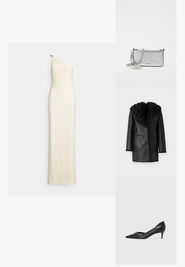 Crni kožni kaput s krznatim ovratnikom, dva prednja džepa i zatvaranjem na dugmad. Glatka tekstura, dizajn srednje duljine.; Ugrušena haljina s jednom naramenicom u krem tkanini. Drapirani korzet s diskretnim sjajem i ukrasnim metalnim detaljem na ramenu. Dizajn do poda.; Crna kožna cipela s vrhom u špic i niskom petom. Ima glatku teksturu i suptilan sjaj. Prednji dio je otvoren za dodatni detalj.; Srebrna kožna torba preko tijela s teksturiranom završnom obradom, detaljima od lanca i trake, te zatvaranjem na zip. Ima logo na prednjoj strani.