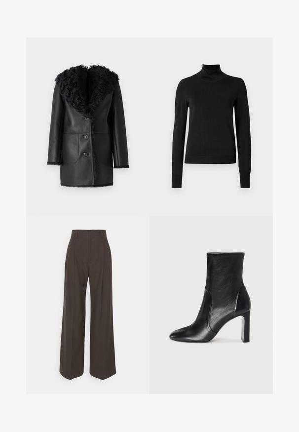 Manteau en cuir noir avec un col en fausse fourrure, deux poches avant et fermeture à boutons. Texture lisse, design mi-long.; Pull à col roulé noir à manches longues avec des poignets et un ourlet côtelés, présenté sur un fond blanc uni.; Pantalons larges marron foncé à taille haute, avec des plis soigneusement marqués, une texture lisse et une coupe ajustée.; Bottine en cuir noir avec un design épuré, bout pointu et un haut talon carré. Présente une texture lisse et des détails de couture minimalistes.